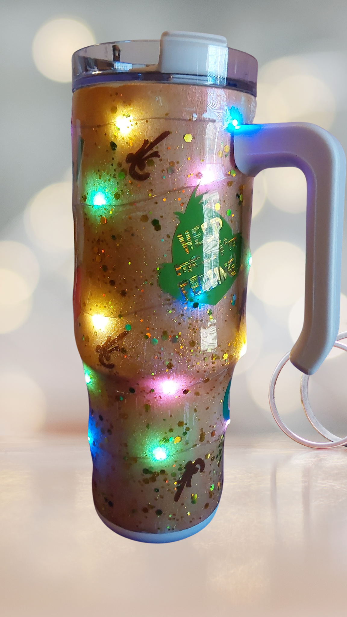 "Grinch Please" 30oz Light-Up Tumbler with Handle and Screw-On Lid