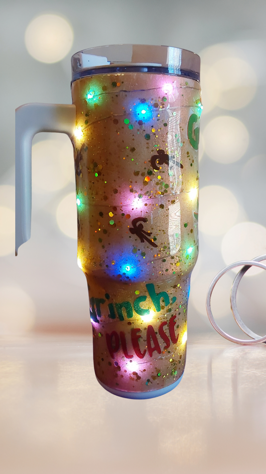 "Grinch Please" 30oz Light-Up Tumbler with Handle and Screw-On Lid